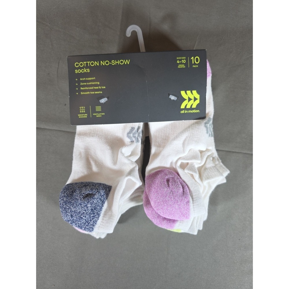 All in Motion Womens Cotton No-Show Socks 10 Pack White Multi Shoe Size 4-10